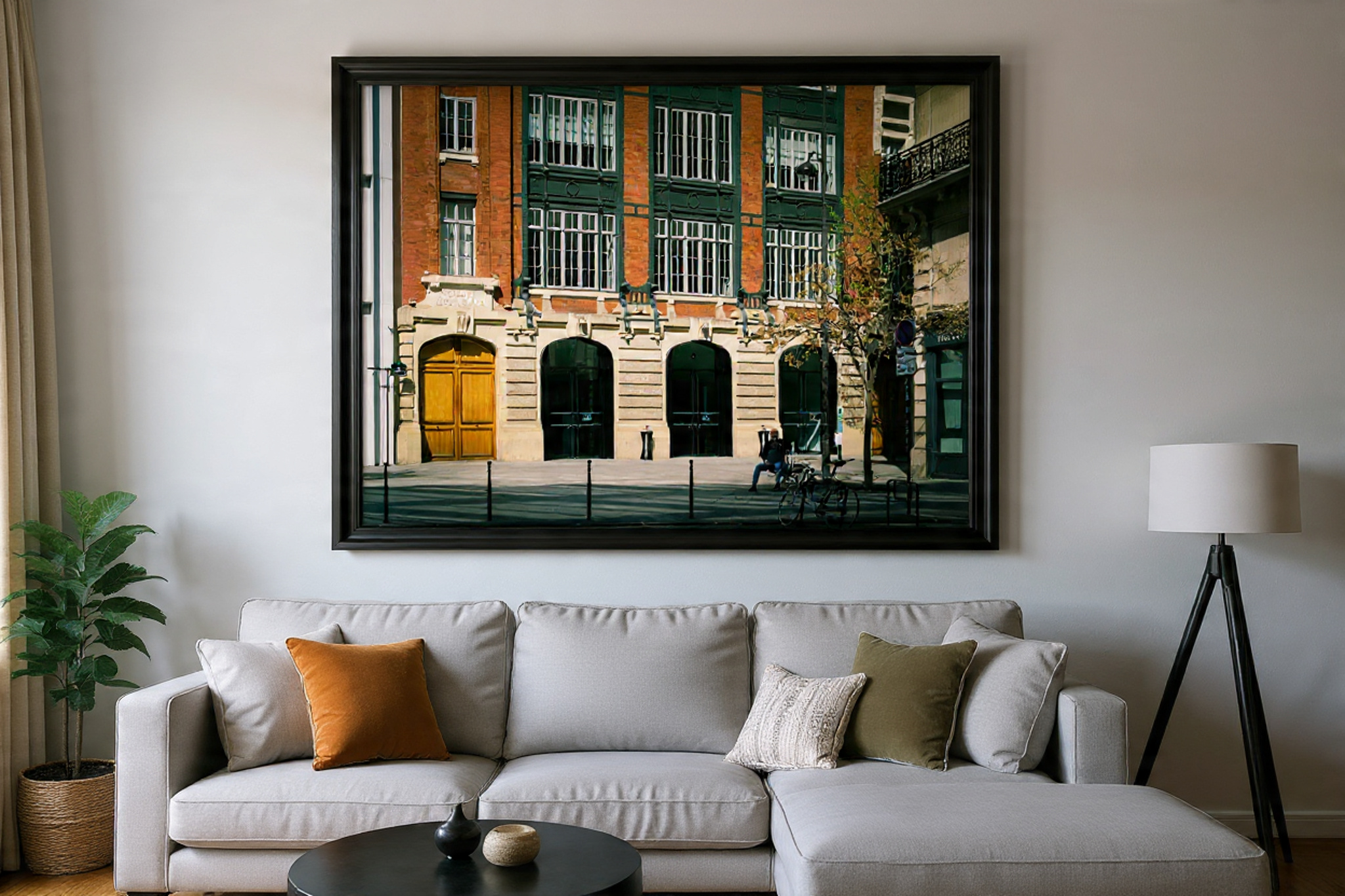 Tableau sur toile grand format 20X30 de l'ancienne annexe du crédit lyonnais au printemps avec un homme assis sur un banc